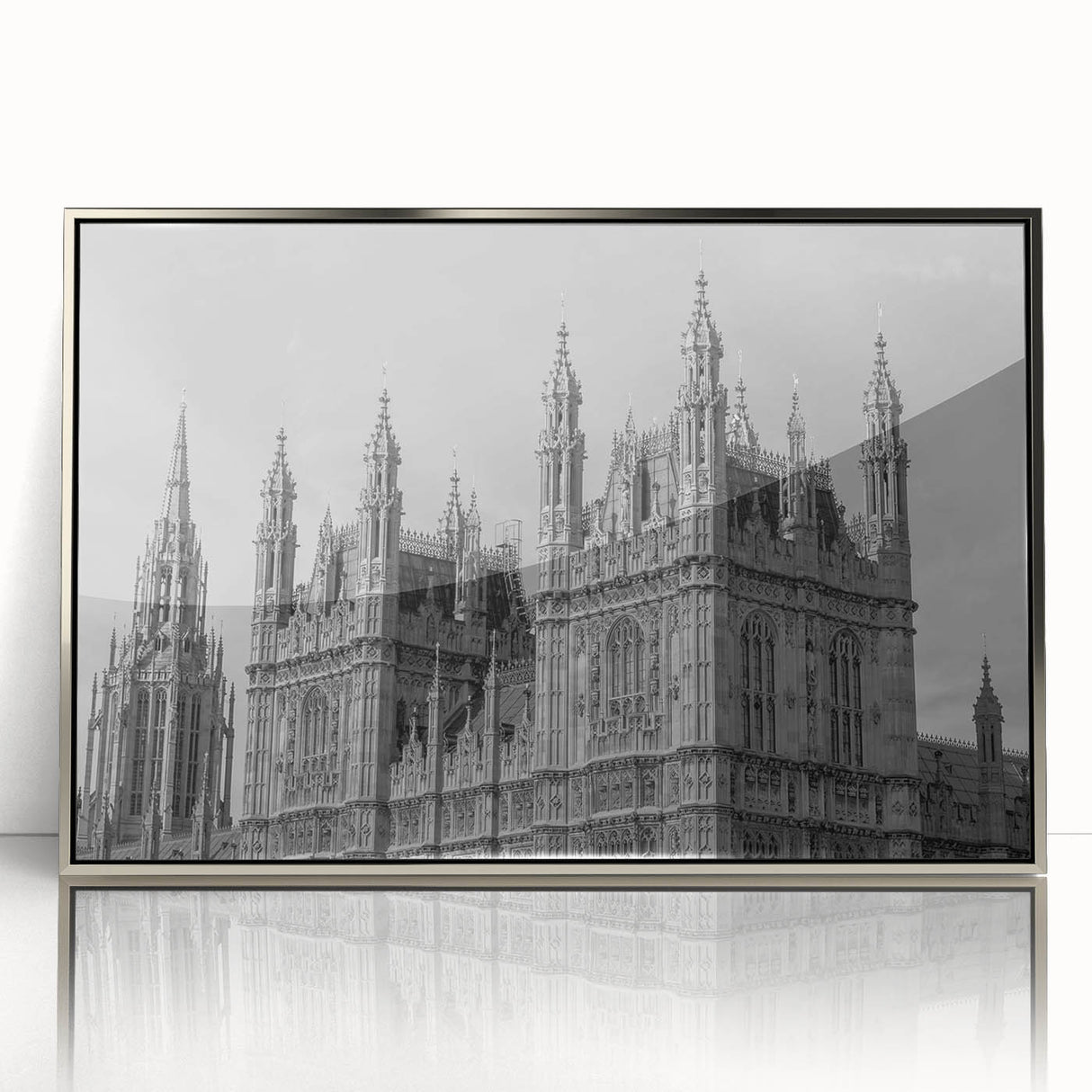 Large art print of London scenery with silver frame, in mid-century modernist style, perfect for modern decor.