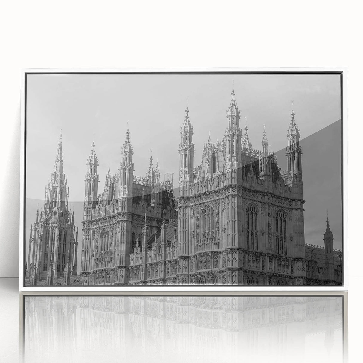 Mid-century modernist London skyline in muted gray and blue tones on a framed acrylic, ideal for nursery wall art.