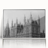 Mid-century modernist London skyline in muted gray and blue tones on a framed acrylic, ideal for nursery wall art.