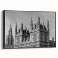Black and white wall art of the London skyline on a framed canvas, ideal for bedroom decor.