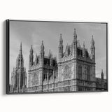 Black and white wall art of the London skyline on a framed canvas, ideal for bedroom decor.
