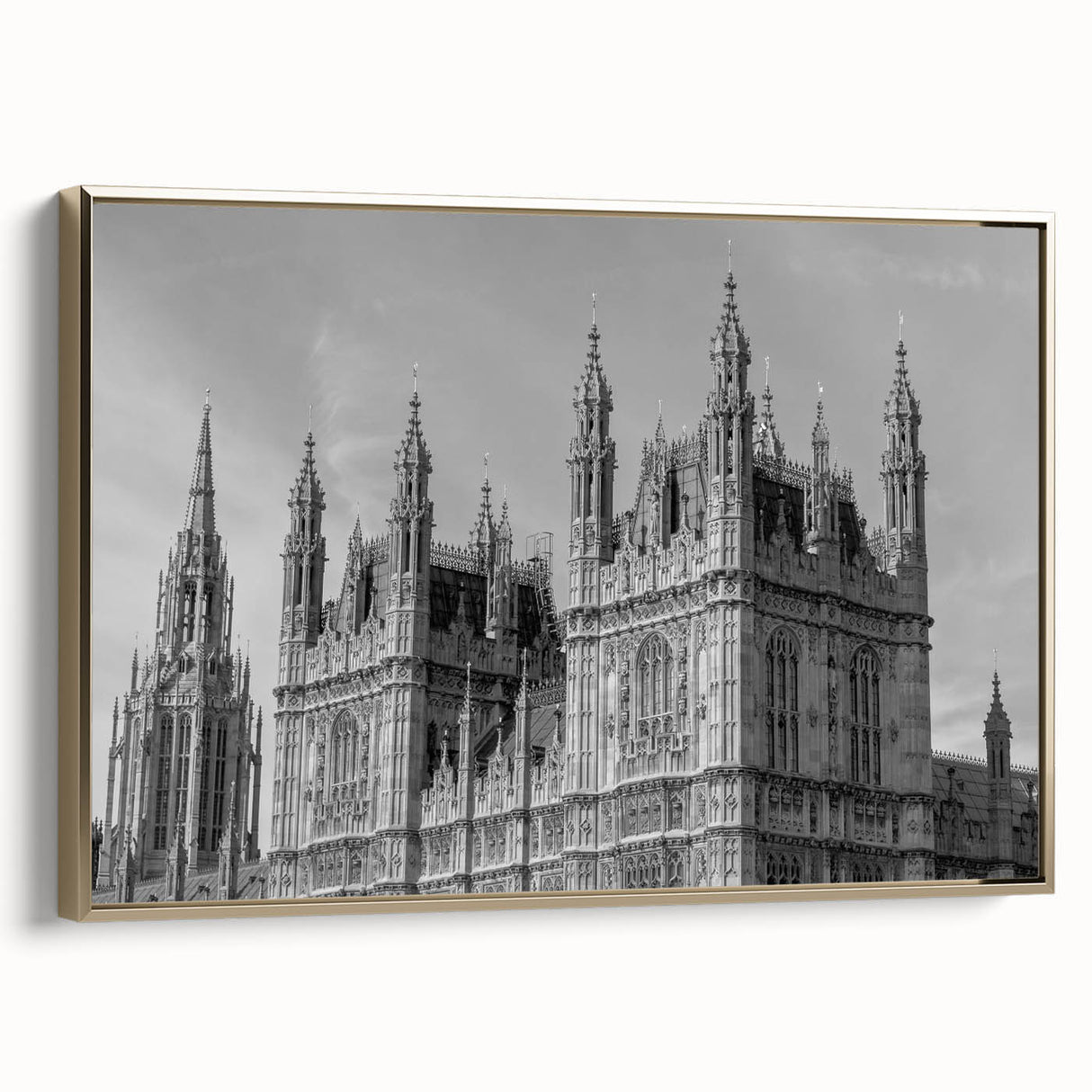 Framed canvas featuring a vintage-style London landscape in black and gold tones, ideal for bedroom wall art.