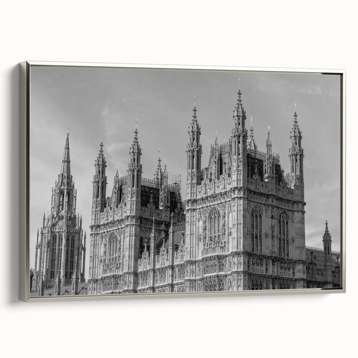 Framed canvas of a vintage London landscape painting featuring muted colors, ideal for office decor.