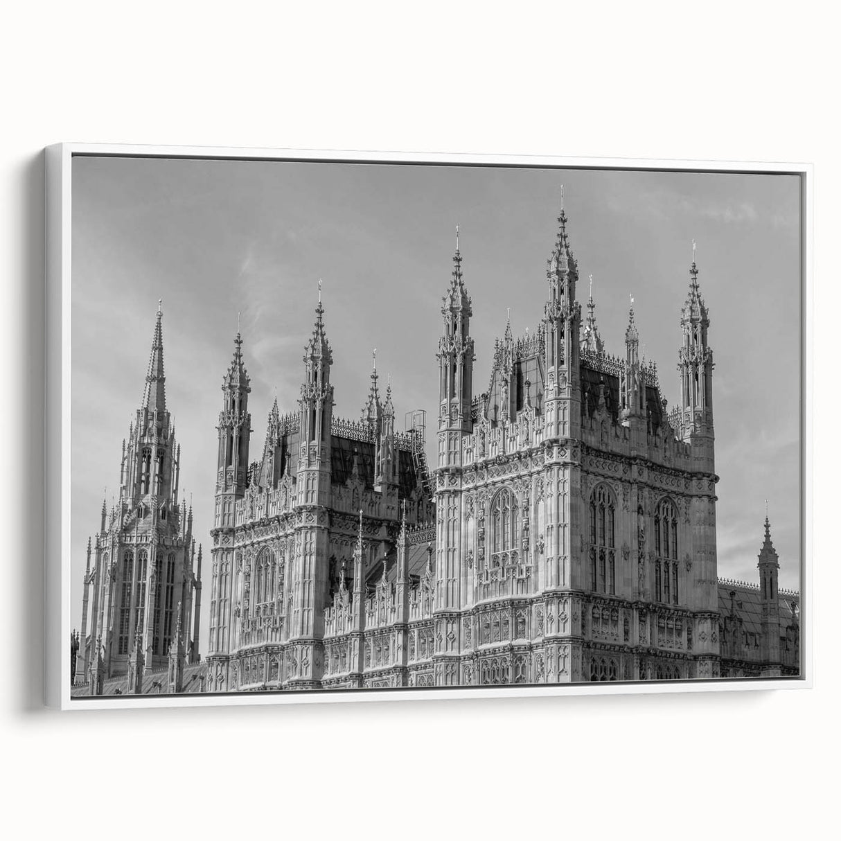 Vintage poster art of London scenery in vibrant colors on a large framed canvas, ideal for living room decor.