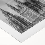 Art deco poster of London scenery in muted blue and gray tones on rolled canvas, suitable for dining room wall art.