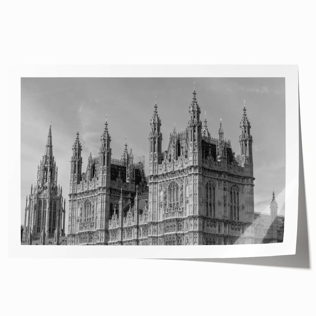 Rolled print of London scenery with floral accents in soft color tones, suitable for art wall dining room.