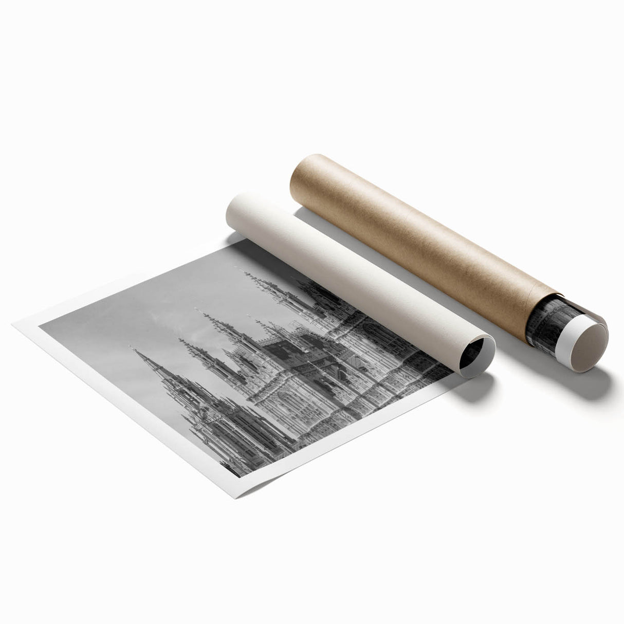 Extra large rolled print of London skyline with floral elements in soft pastel shades.