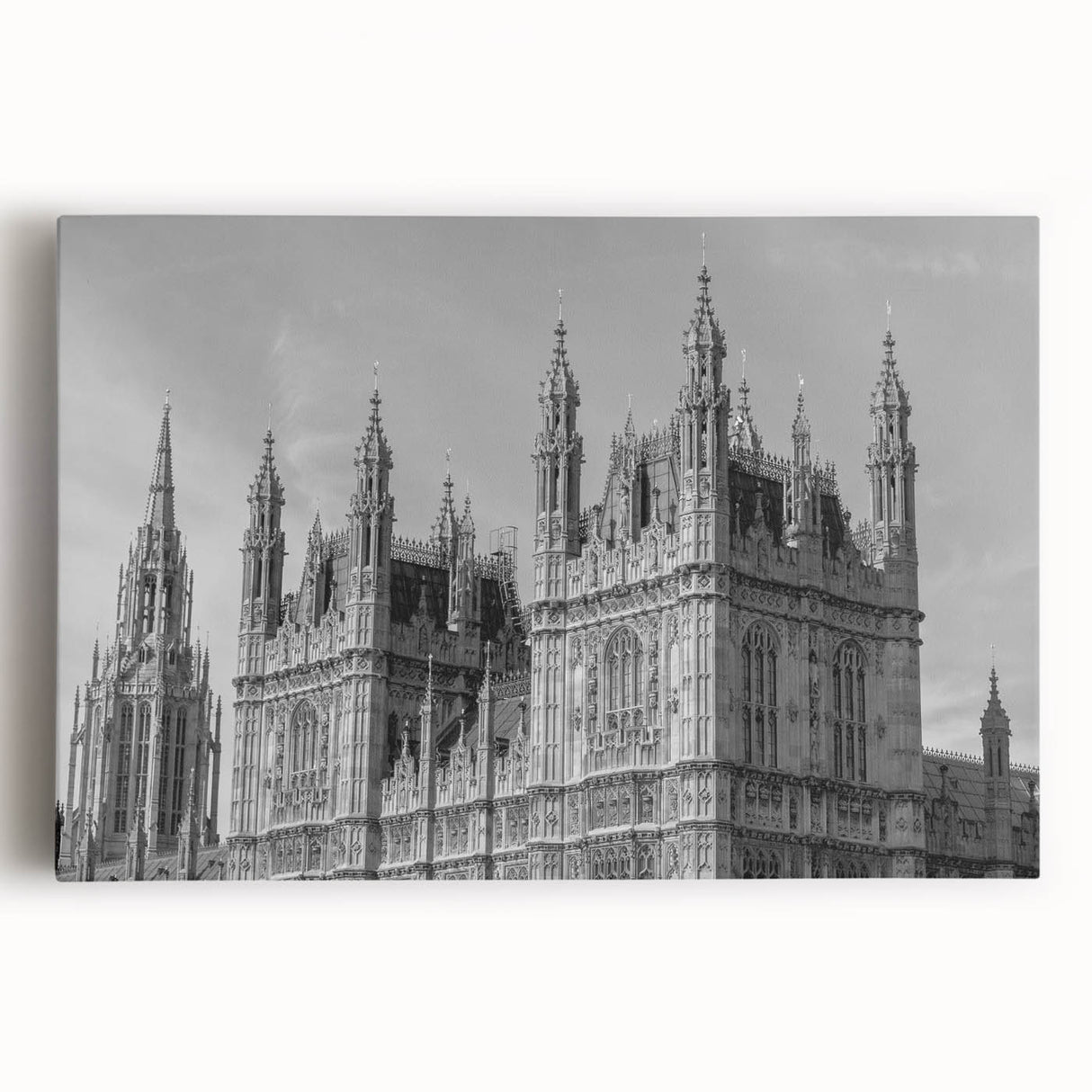 Black and white stretched canvas of London's skyline, ideal for kitchen wall art or bedroom decor.