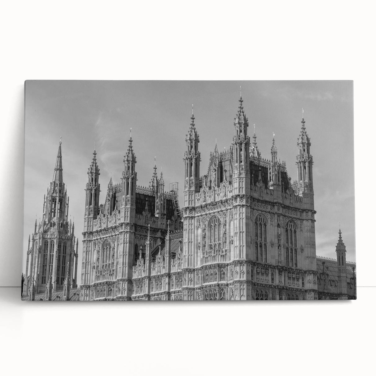 Black and white large art print of London scenery on stretched canvas, ideal for kitchen wall art.