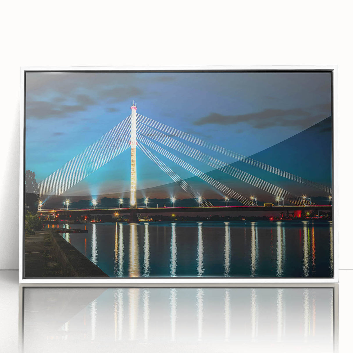 Mid-century modernist art depicting a European landscape in muted earth tones on a framed acrylic.