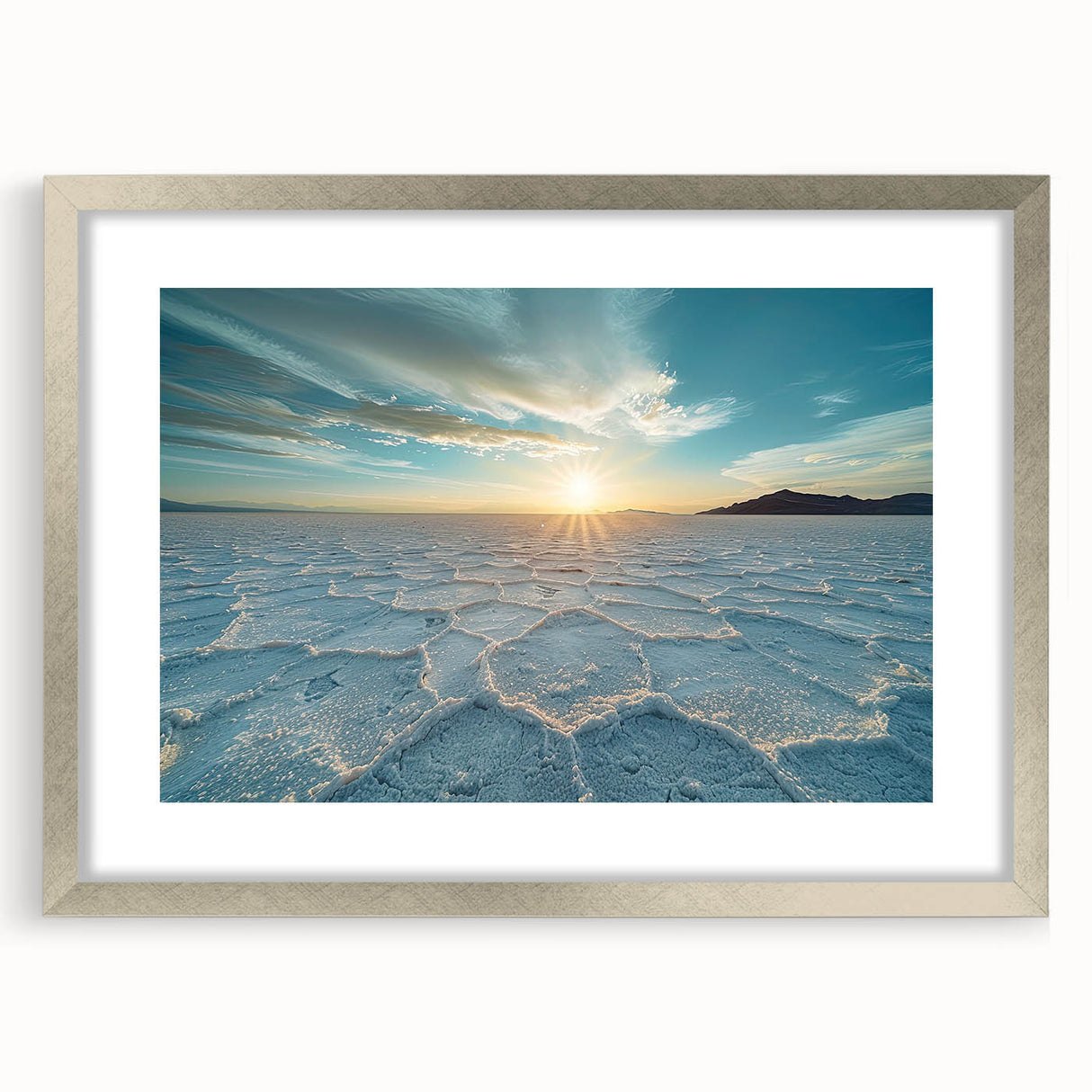 Textured abstract art print depicting a South American Bolivian landscape in muted earth tones, framed in silver.