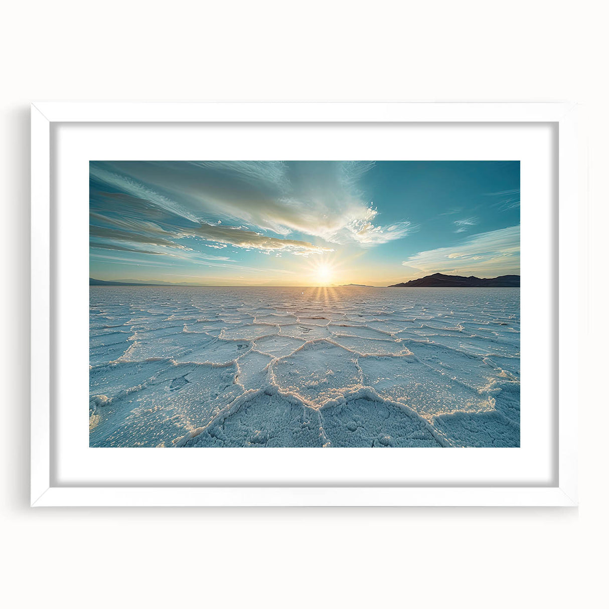 Abstract art print of a Bolivian landscape in muted earth tones on a framed white mat, ideal for dining room decor.
