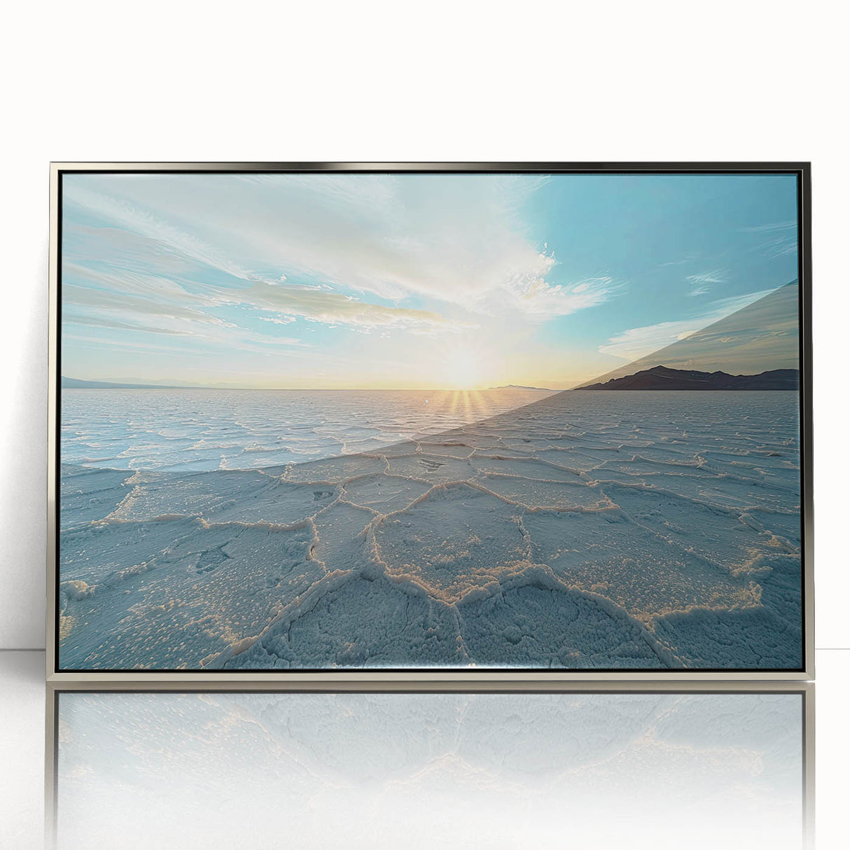 Mid-century modernist art of a Bolivian landscape in muted earth tones on a framed acrylic print.