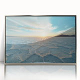 Mid-century modernist art of a Bolivian landscape in muted earth tones on a framed acrylic print.