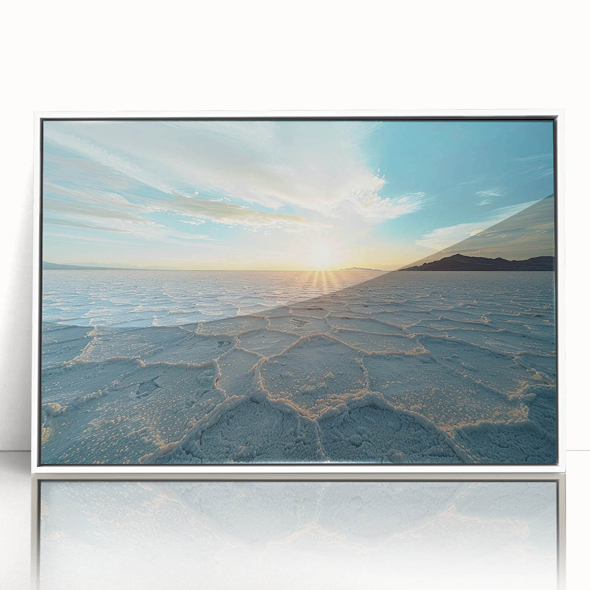 Framed acrylic print of a minimalist Bolivian landscape in muted earth tones, ideal for modern art wall decor.