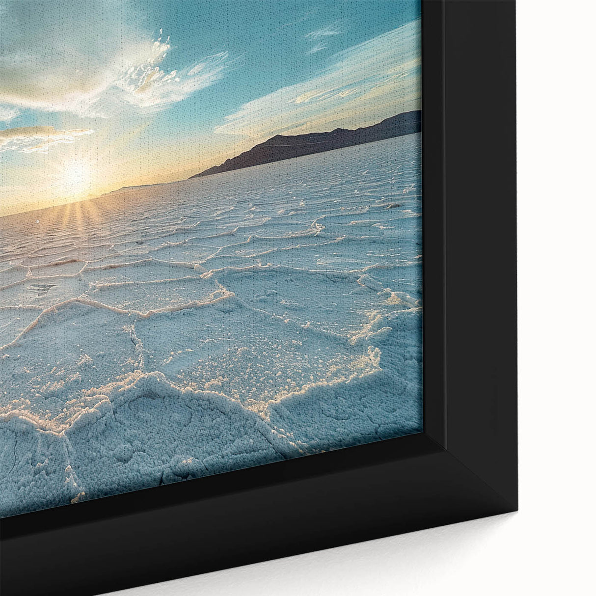 Extra large framed canvas featuring a textured depiction of a Bolivian landscape in black with colorful accents.