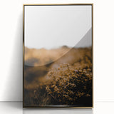 Large art print of a mid-century modernist autumn scene in muted orange and brown tones, acrylic framed.