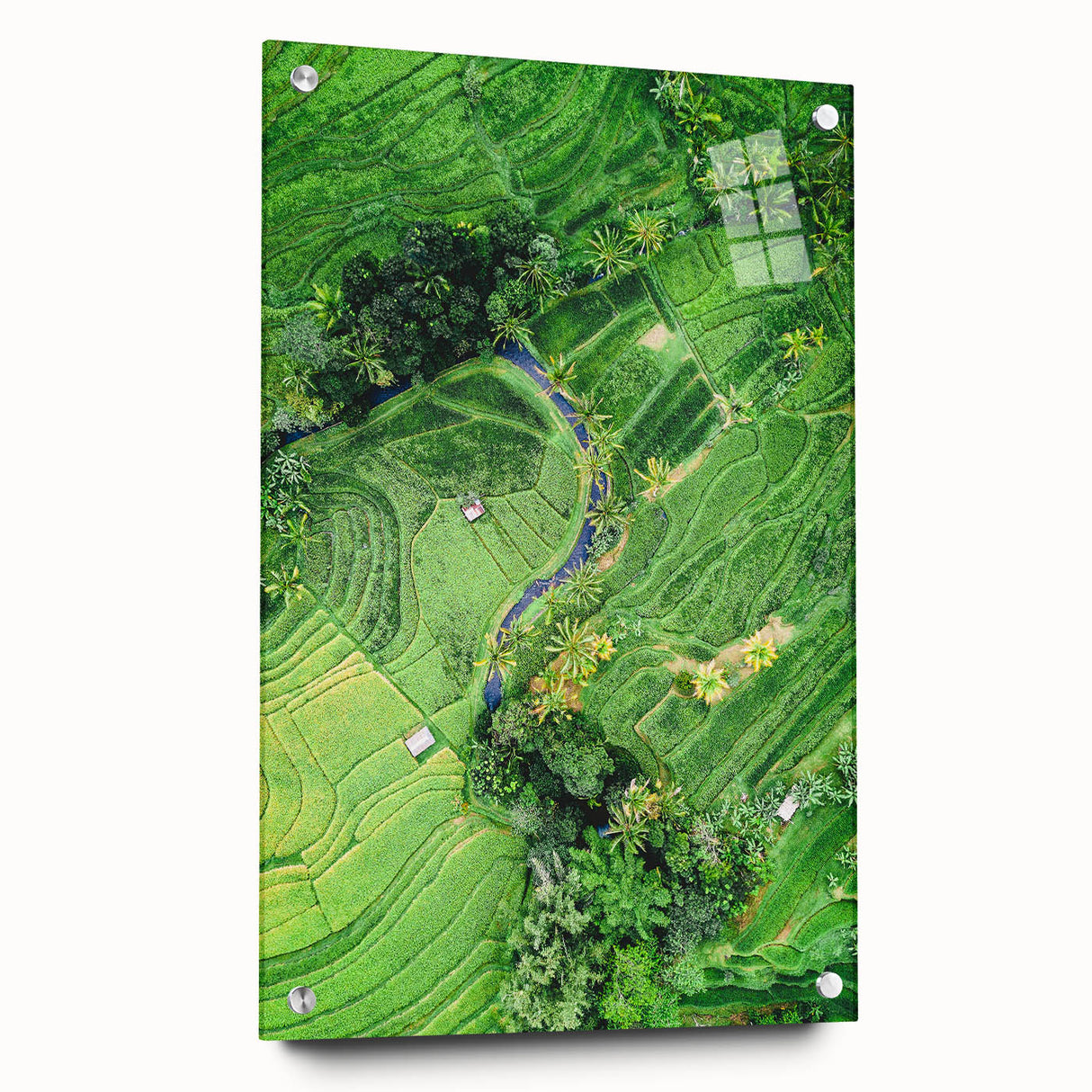 Large abstract wall art on acrylic glass depicting spring season in pastel shades, ideal for bedroom or dining room decor.