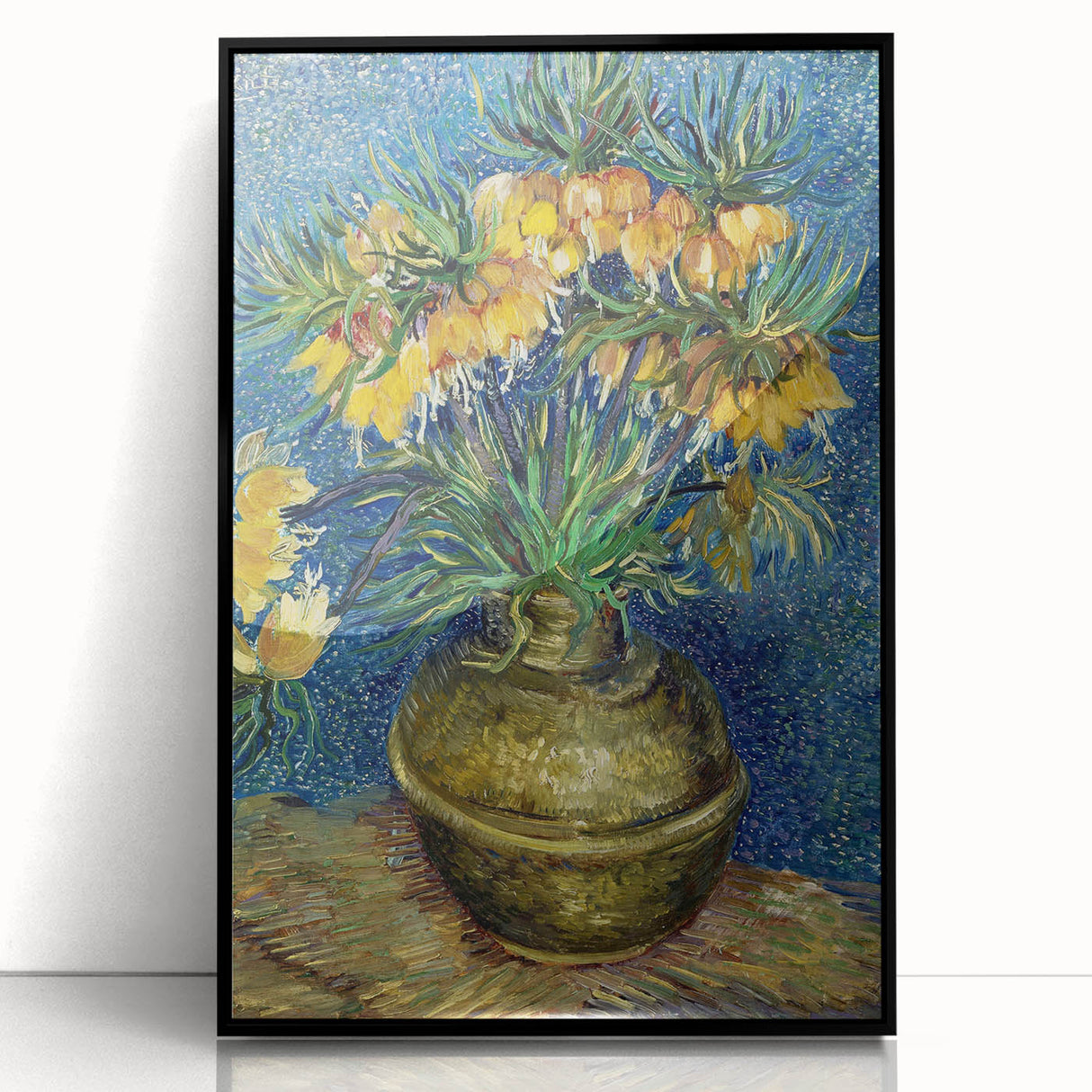 Large abstract wall art featuring swirling blue and yellow patterns on acrylic, framed in black.