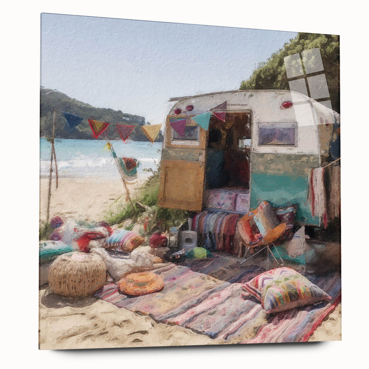 Large abstract wall art on acrylic featuring a caravan in mid-century modernist style, ideal for dining room art.