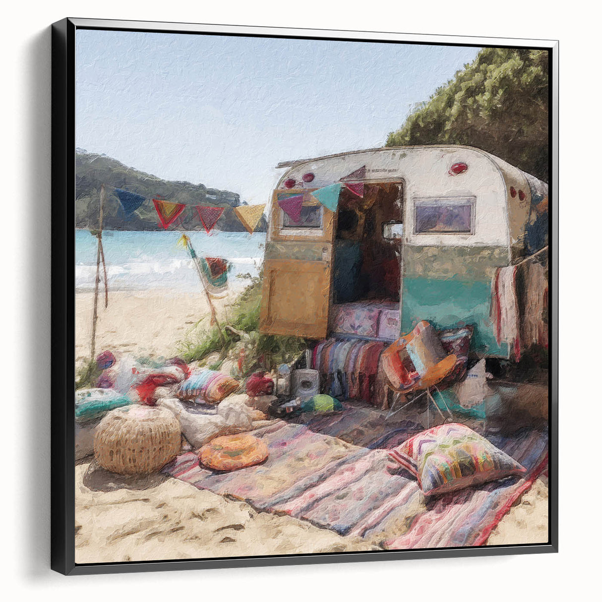 Side view of a vintage caravan in black and white on a framed canvas, suitable for bedroom wall decor.