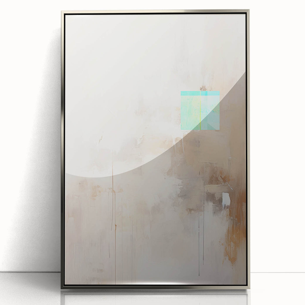 Framed abstract minimalist wall art in silver acrylic, showcasing geometric shapes and soft color gradients, perfect for modern home decor accents.