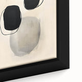 Close-up of an abstract minimalist wall art piece featuring a blend of soft pastel colors and geometric shapes, elegantly framed in a sleek black frame, ideal for modern decor.