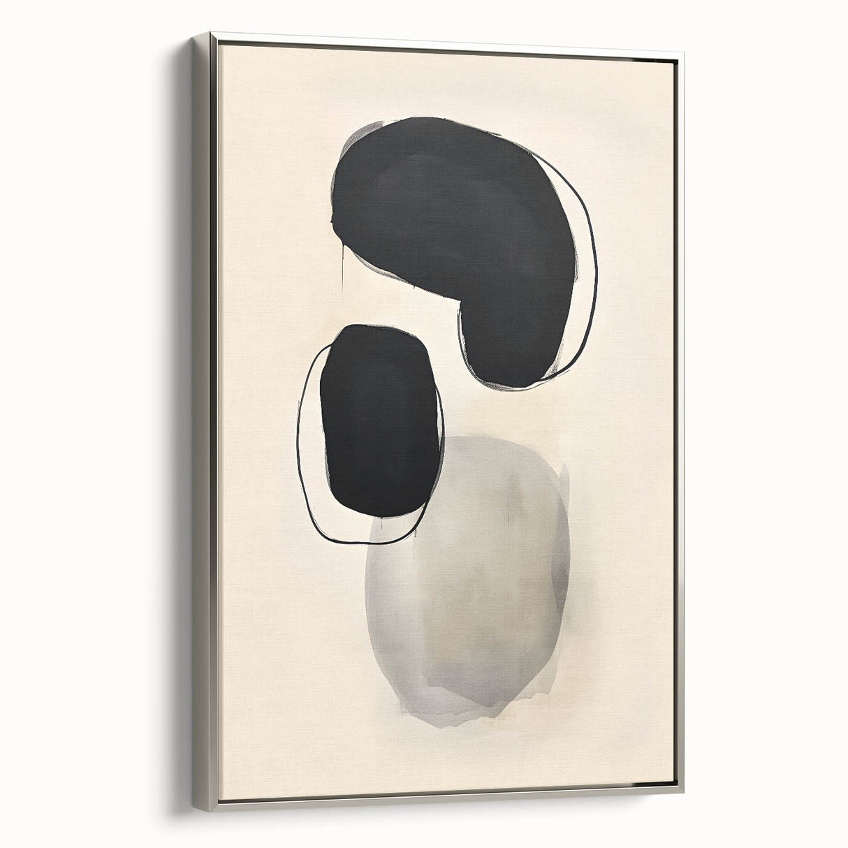 Framed abstract minimalist wall art featuring a sleek silver frame, showcasing a modern design with soft hues perfect for contemporary decor.