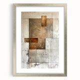 Abstract minimalist wall art framed in silver, featuring geometric shapes and soft neutral tones, perfect for modern decor and enhancing living spaces.