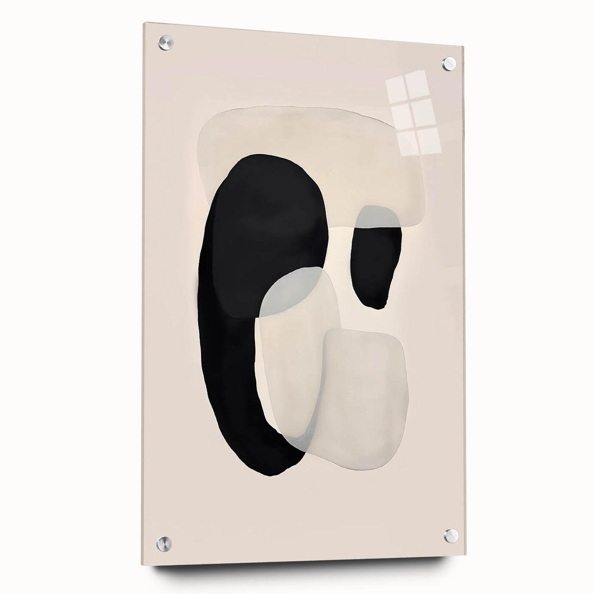 Abstract minimalist wall art print showcasing soft pastel colors and geometric shapes, framed in sleek acrylic glass for modern decor enhancement.