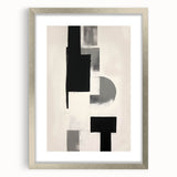 Abstract minimalist wall art framed in silver with a mat, showcasing geometric shapes and soft color palette, perfect for modern home decor.