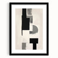 Abstract minimalist wall art featuring geometric shapes in soft beige and gray tones, elegantly framed with a white mat, perfect for modern home decor.