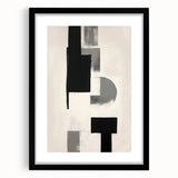 Abstract minimalist wall art featuring geometric shapes in soft beige and gray tones, elegantly framed with a white mat, perfect for modern home decor.