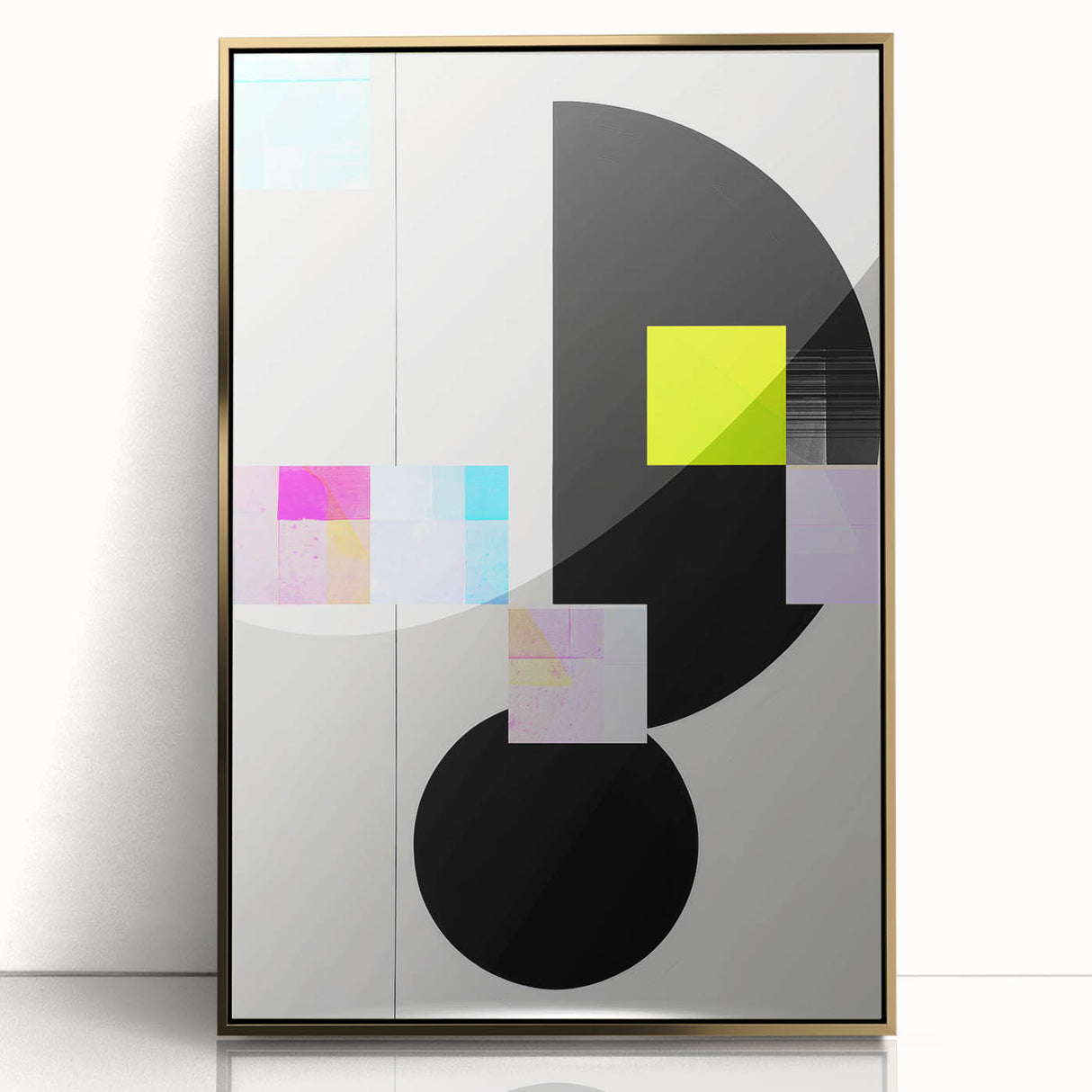 Framed abstract minimalist wall art featuring a gold-acrylic design, elegantly displayed against a neutral background, perfect for modern home décor.