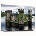 Acrylic glass artwork depicting a stunning landscape of a castle, showcased in a side view with decorative pins, perfect for home decor and art enthusiasts.