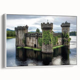 Framed canvas artwork showcasing a vibrant landscape with a medieval castle, featuring a white frame and side view display, ideal for home decor or inspiration.