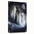 Acrylic glass artwork showcasing a vibrant landscape of caves, presented in a side view with decorative pins, ideal for modern home decor and art enthusiasts.