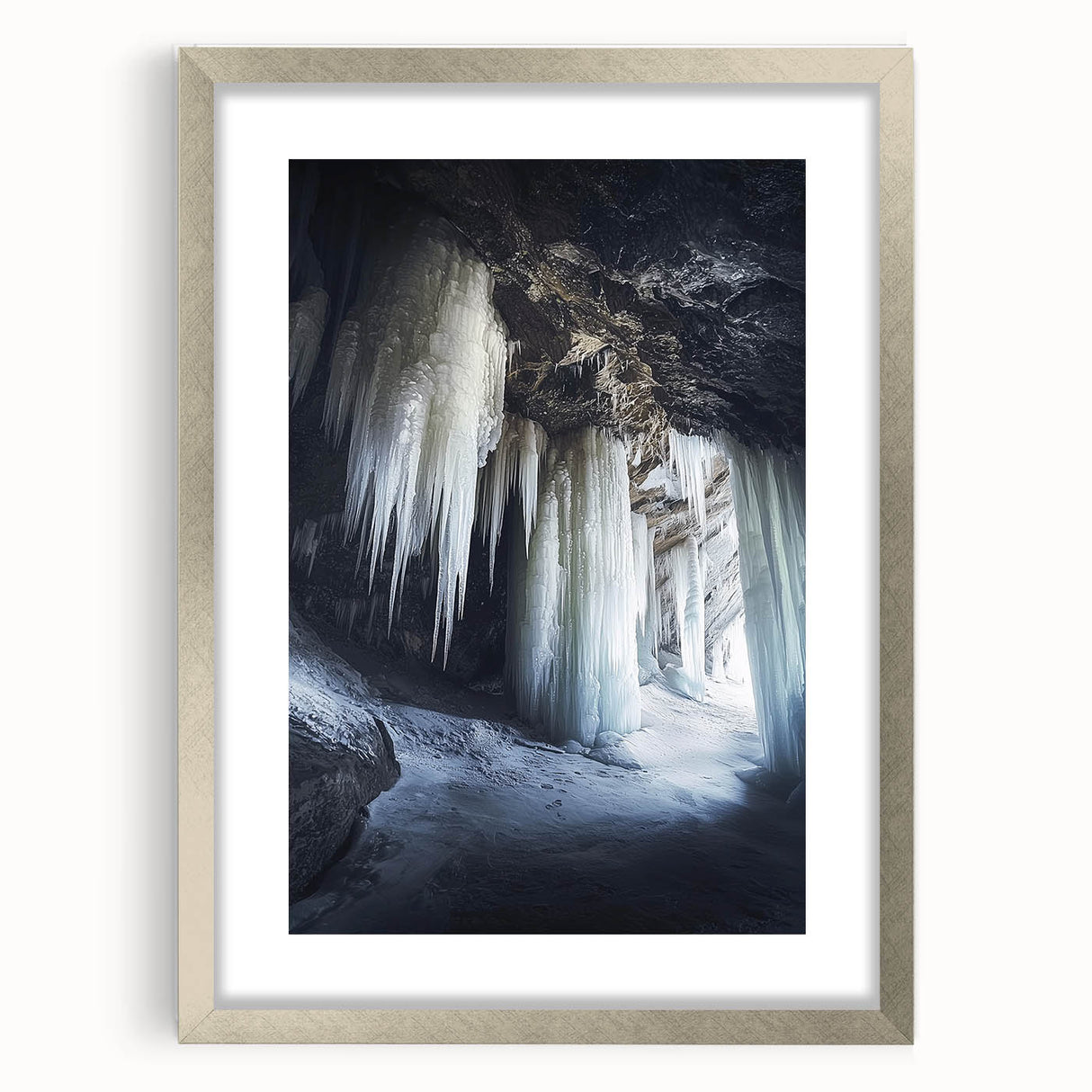 Framed landscape artwork depicting a serene cave scene, featuring a silver mat and sleek frame, ideal for modern home decor. Perfect for nature lovers seeking elegant wall accents.