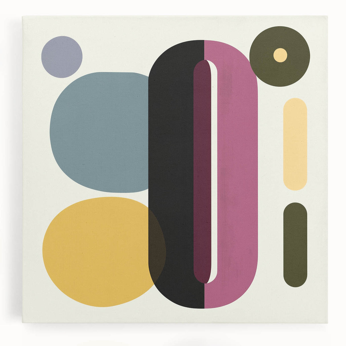 Abstract geometric wall art design on stretched canvas, showcasing vibrant colors and intricate shapes, ideal for modern home decor or office spaces.