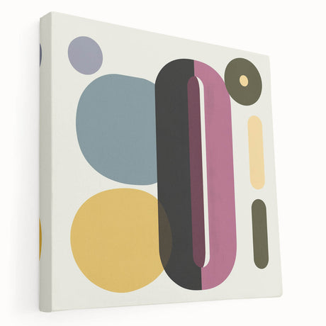 Abstract geometric stretched canvas artwork showcasing vibrant colors and intricate shapes, designed to enhance modern interior decor with a contemporary flair.