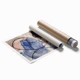 Colorful abstract splatter art print showcasing vibrant hues of blue, pink, and yellow, designed for modern home decor, rolled and packaged for easy display.