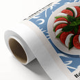 Art deco poster featuring an array of colorful food dishes on a rolled canvas, ideal for dining room wall art.