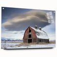 Side view of a landscape acrylic glass artwork featuring a rustic barn design, showcasing vibrant colors and intricate details, mounted with decorative pins. Perfect for farmhouse-themed decor.