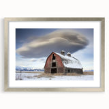 Elegant silver-framed barn landscape design showcasing a scenic view, highlighted with a white mat for contrast, perfect for home decor enthusiasts.