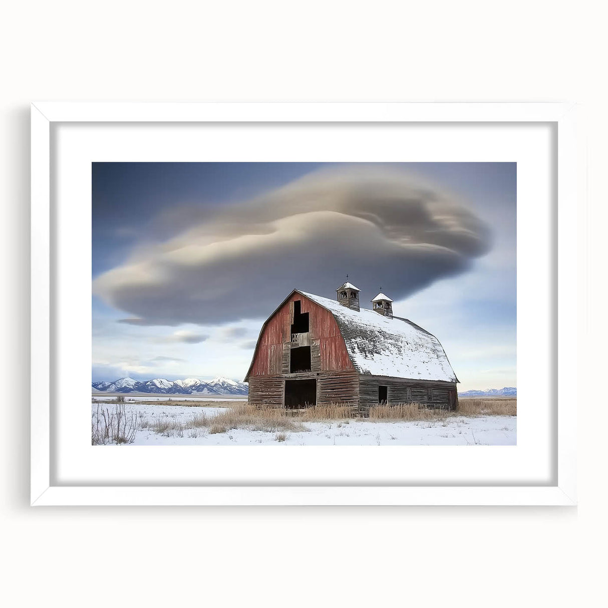 Landscape barn frame with a white mat, showcasing a serene rural scene. The front view highlights the frame's rustic charm, ideal for home decor.