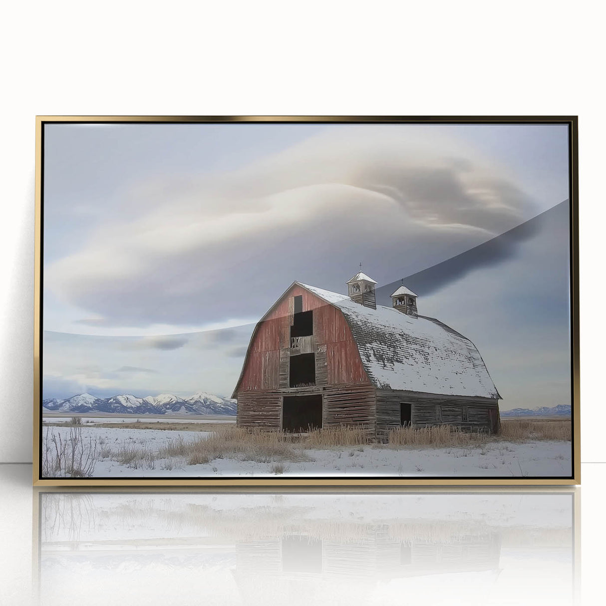 Framed acrylic wall art featuring a gold landscape design with a barn motif, showcased against a white background, perfect for rustic home decor.