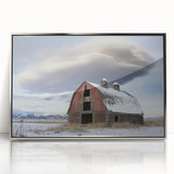 Framed acrylic artwork showcasing a serene landscape scene with a rustic barn, featuring vibrant colors and elegant details, perfect for enhancing home decor.