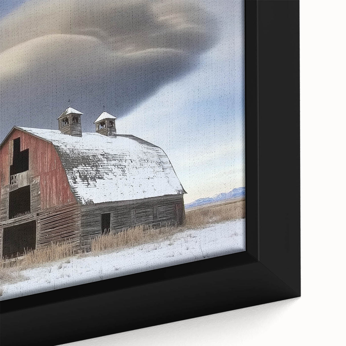 Close-up of a landscape barn-themed canvas print showcasing rich colors and intricate details, perfect for rustic home decor and art enthusiasts.