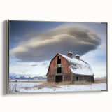 Landscape barn-themed canvas artwork framed in silver, showcasing vibrant colors and intricate details. Perfect for rustic home decor and art enthusiasts.