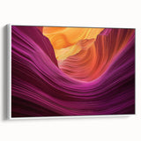Framed canvas artwork depicting a stunning landscape of canyons in vibrant colors, showcasing a white frame and side view, ideal for home decor enhancement.